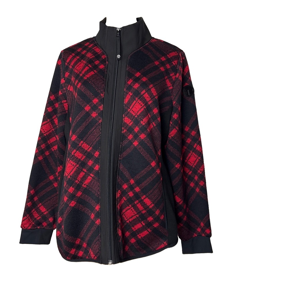T by Talbots Jacket Womens L Sweatshirt Fleece Full Zip Front Red Plaid Sweater